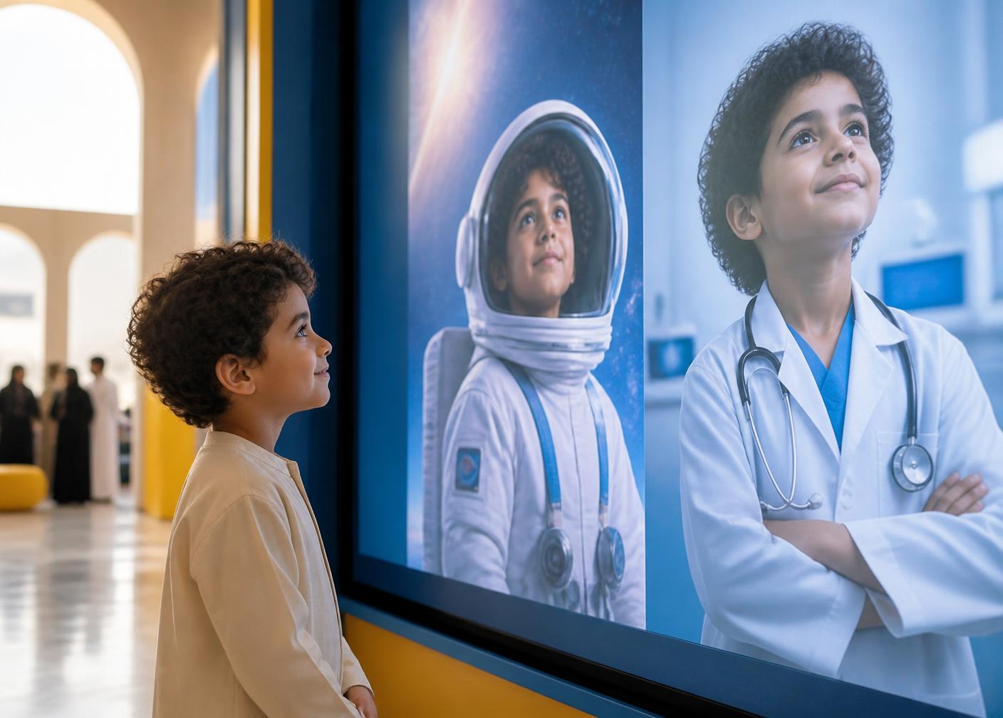A child in an HDF community space watching a screen show him as an astronaut and a doctor